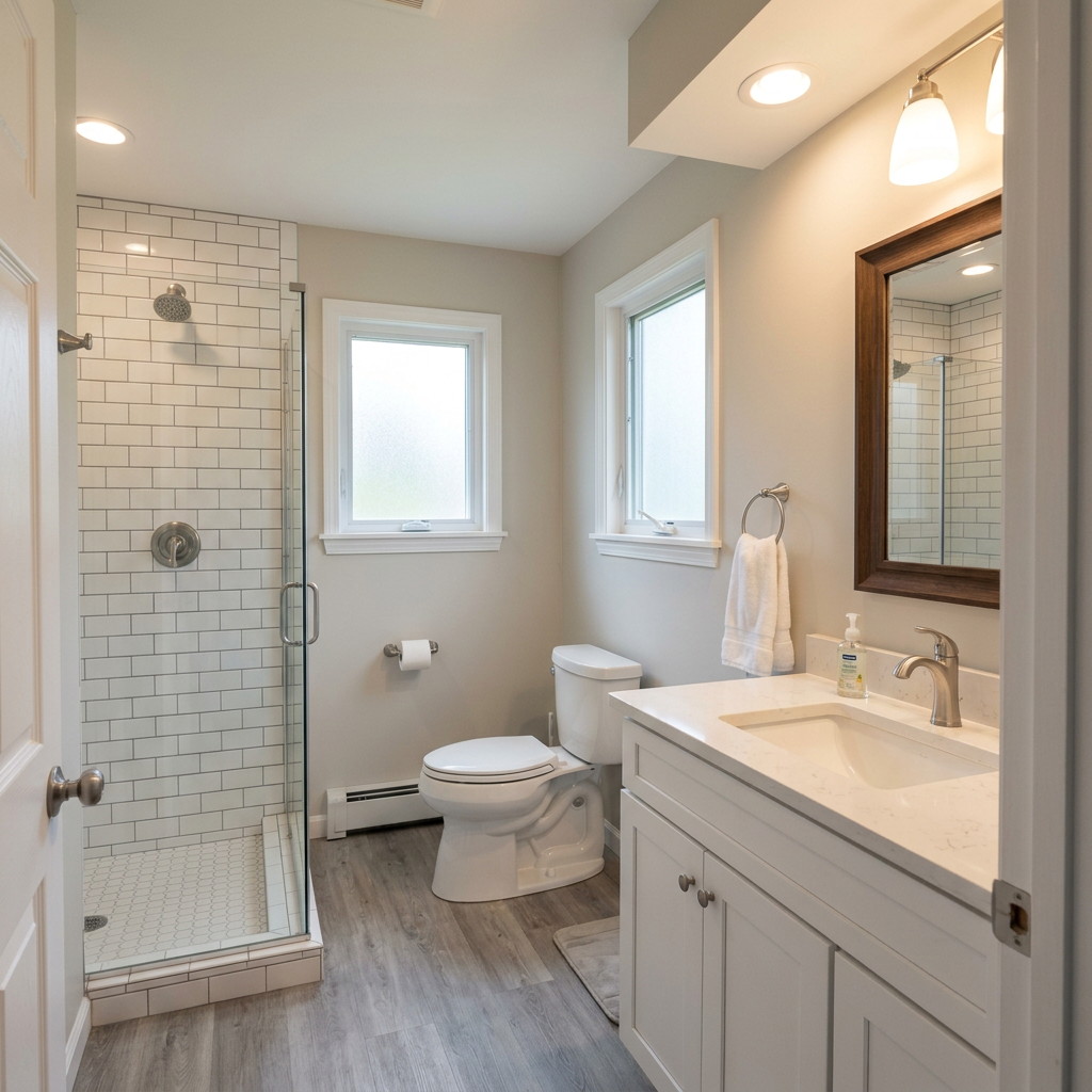Full bathroom retile with white subway tile