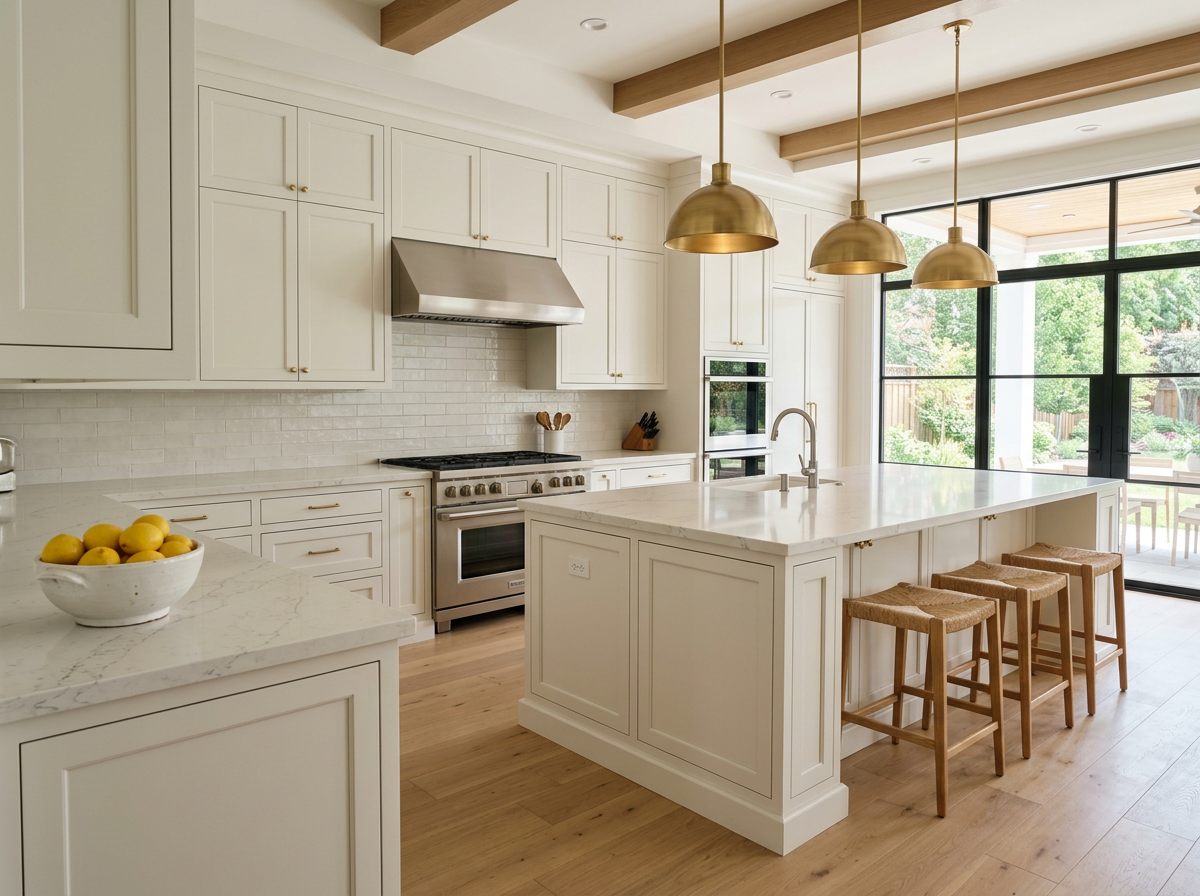 Custom kitchen with island and quartz counters